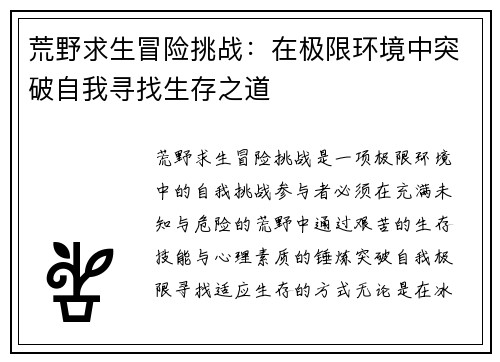 荒野求生冒险挑战：在极限环境中突破自我寻找生存之道
